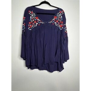 Shein Womens Babydoll Tunic Top XL 100%Rayon Blue Floral Embroidery Big Sleeves